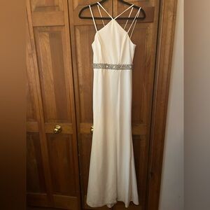 B.Darlin Women’s 0 White Floor Length Dress W/ Slit & Bedazzled Waist Details